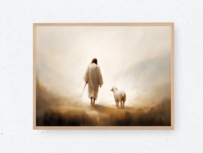 May include: A painting of a man in a white robe walking with a white lamb in a misty landscape.