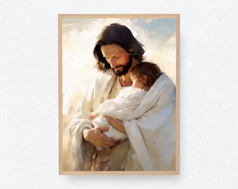 Jesus håller ett spädbarn | Digital nedladdning | Jesus och barnmålning | Kristen väggkonst | Jesuskonst | Bibelkonst | Jesus Kristus | Gåva