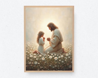 Jesús orando con una niña / Jesús y una niña / Jesús y niños / Arte mural cristiano / Arte de Jesús / Arte bíblico / Jesús y niños / Arte SUD