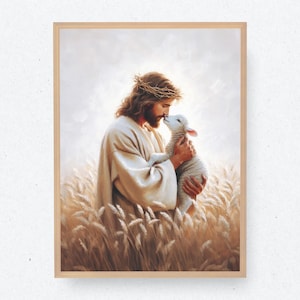 El Buen Pastor / Arte Bíblico / Arte Cristiano / Arte de Jesús / Pintura de Jesús / Pascua / Ovejas / Jesús besando ovejas / Jesús y ovejas