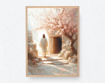 May include: A framed art print depicts a figure in a white robe walking towards a stone doorway. The scene is bathed in soft light, with a blooming pink tree and floral accents. The artwork evokes a sense of peace and spirituality.