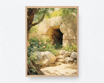 May include: A painting of a stone tomb with an open entrance, surrounded by greenery and flowers. The tomb is set against a backdrop of a lush forest, with sunlight filtering through the leaves.