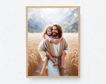 Jesús cargando a una niña / Jesús y los niños / Jesús y la niña / Arte mural cristiano / Arte bíblico de Jesús / Pintura de Jesús / Jesús y los niños