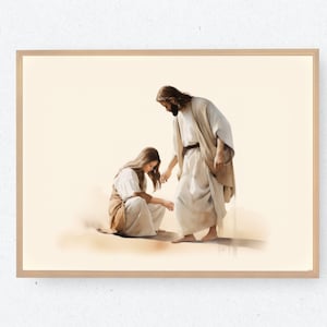 Jesus Heals A Sick Woman | Woman Touched The Hem Of Jesus Garment | Digital Download | Jesus Painting | Christian Wall Art | Bible Art
