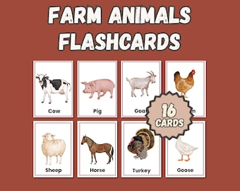 May include: Farm Animals Flashcards with illustrations of a cow, pig, goat, chicken, sheep, horse, turkey, and goose. The flashcards have a brown background and the text "Farm Animals Flashcards" at the top. The set includes 16 cards.