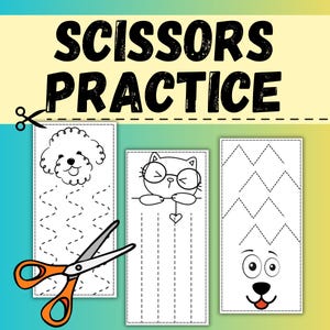 Pode incluir: Folha de atividades de prática de tesoura com uma faixa amarela e preta que diz "Scissors Practice". A folha inclui três retângulos brancos com rostos de animais de desenho animado e linhas pontilhadas para praticar o corte. Um par de tesouras laranja e prateadas está em primeiro plano.