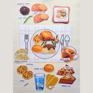 Peut inclure: Une collection d'illustrations de plats de Thanksgiving comprenant dinde, purée, sauce aux canneberges, patates douces, haricots verts, farce, petits pains, maïs, cidre et tarte à la citrouille, avec des étiquettes sur un fond de napperon.