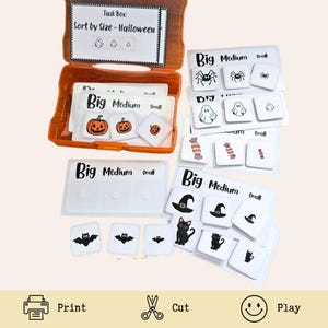 May include: An orange plastic storage box containing educational sorting cards labeled Task Box: Sort by Size - Halloween. The set includes white cards with illustrations of pumpkins, spiders, ghosts, candy, hats, bats, and cats in three sizes.