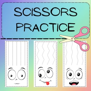 May include: A colorful educational worksheet with the text "SCISSORS PRACTICE" above three white rectangles with cartoon faces. Each rectangle has a different dotted line pattern for cutting practice. A pink and yellow pair of scissors is shown.
