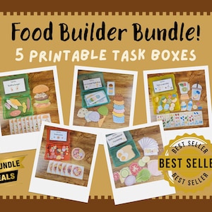 May include: The image showcases a "Food Builder Bundle" with 5 printable task boxes. The boxes contain food-themed cutouts for building burgers, ice cream, sandwiches, and more. The image includes the text "Bundle Deals" and "Best Seller".