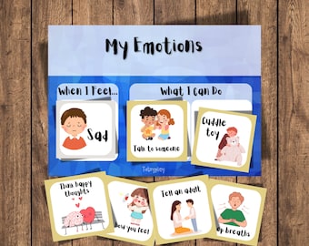 May include: A colorful educational poster titled "My Emotions" with illustrations and text. The poster includes cards with phrases like "Sad," "Talk to someone," and "Cuddle toy." The background is a wooden surface.