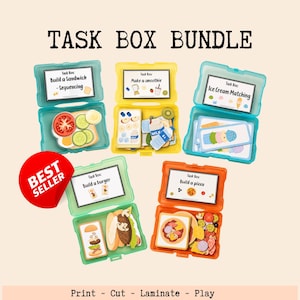 May include: A Task Box Bundle featuring five colorful plastic containers with educational activity cards. Each box contains themed pieces for building sandwiches, smoothies, ice cream, burgers, and pizzas. A red Best Seller sticker is included.