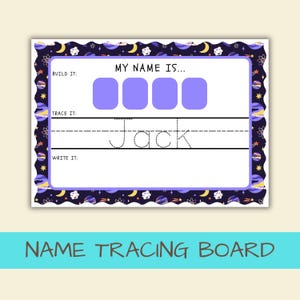 May include: A rectangular name tracing board featuring a dark purple border with space-themed illustrations of planets, stars, and moons. The center includes the text MY NAME IS, four light purple squares, and the dotted name Jack.
