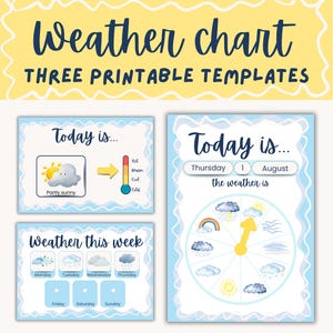 May include: A set of three printable weather chart templates. The top banner reads "Weather chart THREE PRINTABLE TEMPLATES". The charts include "Today is..." with weather icons and a thermometer, and "Weather this week" with daily weather icons.