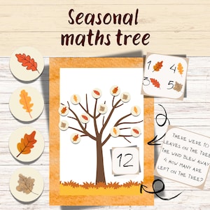 May include: A seasonal maths tree educational game with a brown tree illustration, leaf cutouts, and number cards. The image includes the text "Seasonal maths tree" and a math problem: "There were 10 leaves on the tree. The wind blew away 4. How many are left on the tree?"
