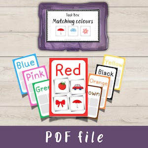 May include: A purple task box with the text "Matching colours" and color-matching cards. The cards display colors like red, blue, and yellow, along with corresponding images such as a tomato and a car. The words "PDF file" are at the bottom.