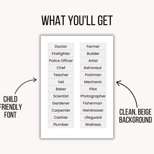 May include: A rectangular white sheet featuring two columns of black text labels for various professions including Doctor, Firefighter, Police Officer, Chef, Teacher, Vet, Baker, Scientist, Gardener, Carpenter, Cashier, Plumber, Farmer, Builder, Artist, Astronaut, Postman, Mechanic, Pilot, Photographer, Fisherman, Hairdresser, Lifeguard, and Waitress.