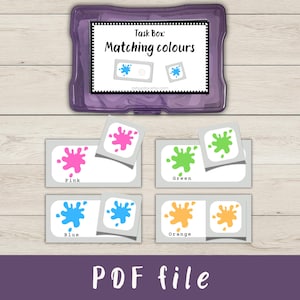 May include: A purple task box with the text "Matching colours" and matching color cards. The cards display pink, green, blue, and orange paint splatters. The words "PDF file" are at the bottom of the image.