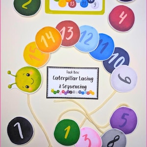 Caterpillar Numbers Lacing Task Box | Number Sequencing Activity | Preschool Fine Motor Printable