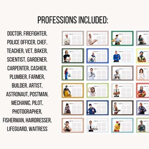May include: A collection of twenty-four rectangular cards featuring illustrations of various professions including doctor, firefighter, and chef. Each card has a white space with the text 'I am a' and four empty boxes for writing or drawing.