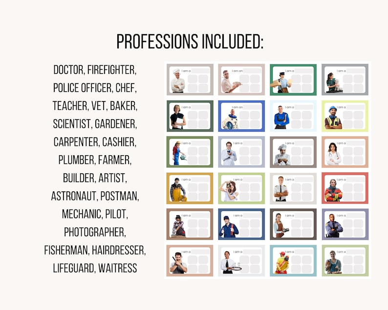 May include: A collection of twenty-four rectangular cards featuring illustrations of various professions including doctor, firefighter, and chef. Each card has a white space with the text 'I am a' and four empty boxes for writing or drawing.