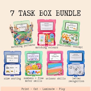 May include: A 7 task box bundle featuring seven plastic containers in green, pink, and blue. Each box contains educational activities labeled Sock Matching, matching colours, Pond Positional Words, size sorting, numbers, scissor skills, and letter recognition.