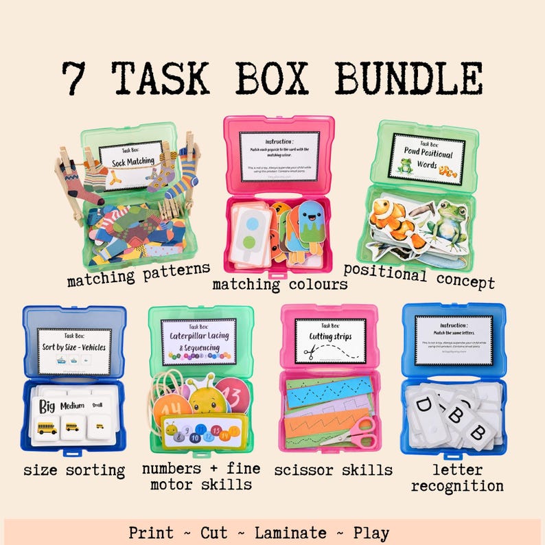 7 Task Box Bundle | Patterns Colour Matching, Size Sorting, Letters ...