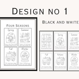 May include: Black and white artwork titled "DESIGN NO 1" featuring "FOUR SEASONS" illustrations. Each season is depicted with related imagery: spring with a flower, summer with a beach scene, autumn with a pumpkin cart, and winter with a snowman.
