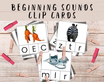 May include: Educational clip cards with the text "BEGINNING SOUNDS CLIP CARDS". The cards feature images of a zebra, carrots, and broken pottery. Pink and beige pegs are scattered around the cards.
