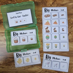 Könnte beinhalten: Ein Lernspiel zum Thema Ostern mit einer grünen Plastikbox und mehreren weißen Karten. Die Karten zeigen Bilder von Ostereiern, Hasen, Küken und Körben, kategorisiert nach Größe: groß, mittel und klein. Der Text "Sort by Size - Easter" ist sichtbar.