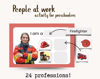 Op de afbeelding: Een educatief werkblad getiteld People at work activity for preschoolers met een brandweerman, een rode helm, een brandslang en een brandweerwagen. De pagina bevat de tekst I am a en Firefighter met 24 beroepen vermeld.