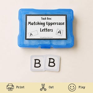 May include: A blue plastic storage box containing educational cards, with a label reading Task Box: Matching Uppercase Letters and totsyplay.etsy.com. Two square white cards with the black uppercase letter B are placed in front of the box.