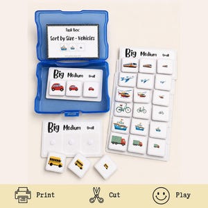 May include: A blue plastic storage case containing a sorting activity set with white cards featuring vehicle illustrations. The cards are labelled Big, Medium, and Small. The set includes various vehicle icons like trains, planes, helicopters, bicycles, boats, trucks, and school buses for size categorisation tasks.