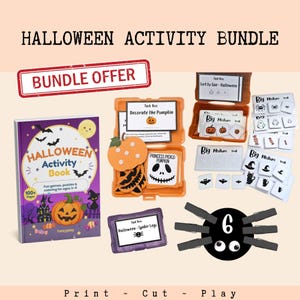 May include: A Halloween activity bundle featuring a purple activity book, orange plastic task boxes with pumpkin and face cutouts, sorting cards with Halloween icons, and a black circular spider cutout with the number 6 and six clothespins.