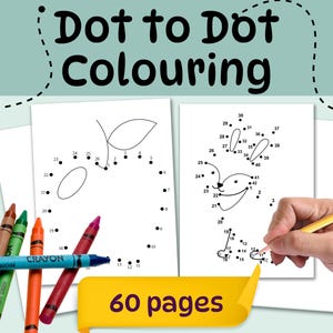 May include: A children's activity set featuring dot-to-dot coloring pages with a butterfly and bunny design. Includes a set of crayons in various colors and the text "60 pages".