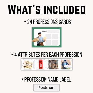 May include: A set of educational materials titled WHAT'S INCLUDED featuring 24 profession cards with a mail carrier image, 4 attributes per profession including mail, a red mailbox, packages, and a mail carrier, and a profession name label Postman.
