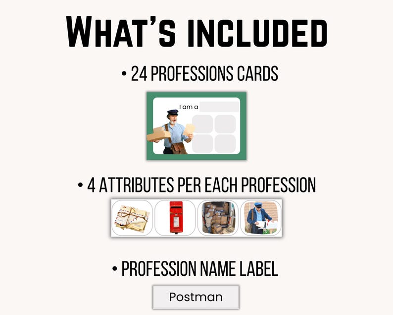May include: A set of educational materials titled WHAT'S INCLUDED featuring 24 profession cards with a mail carrier image, 4 attributes per profession including mail, a red mailbox, packages, and a mail carrier, and a profession name label Postman.