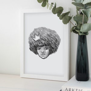 Afro Crown Line Drawing Art Print, Kinky Curly Hair Style, Natural Black Hair, Minimalist Wall Art, Ink Drawing, Unframed