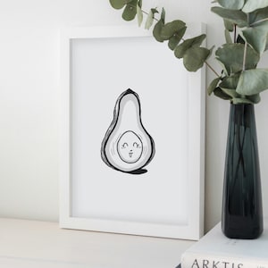 Whimsical Avocado Line Drawing Art Print, Ripe Avocado, Minimalist Wall Art, Ink Drawing, Unframed