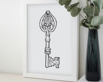 Antique Skeleton Key Ink Drawing Line Art Print, Unframed Minimalist Vintage Decor