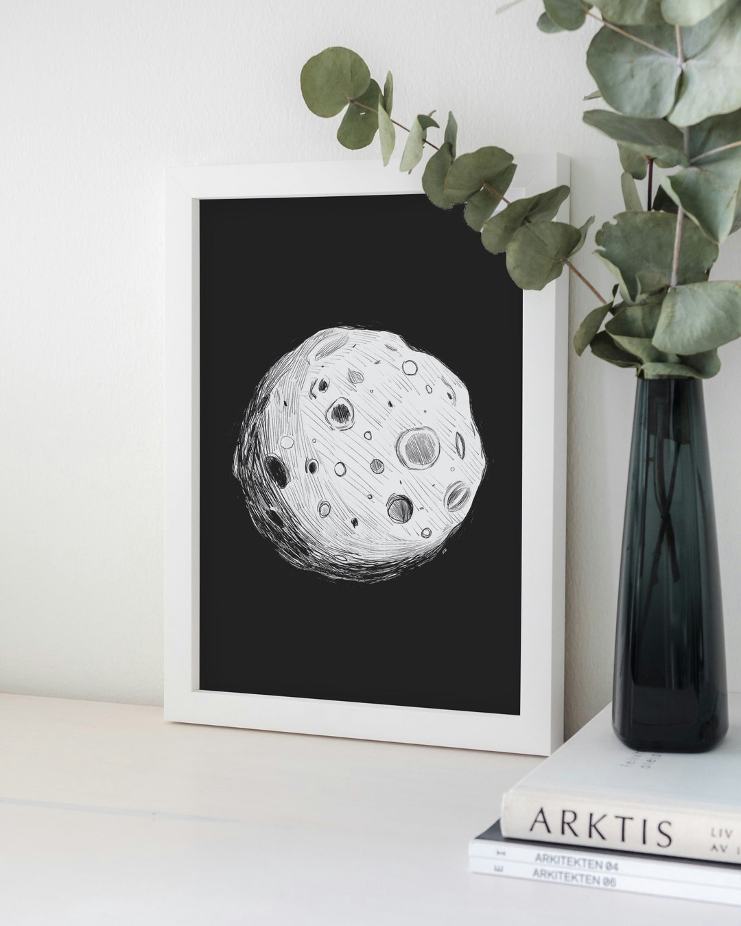 Luminous Moon Line Drawing Art Print, Lunar Moon, Moon Phase ...