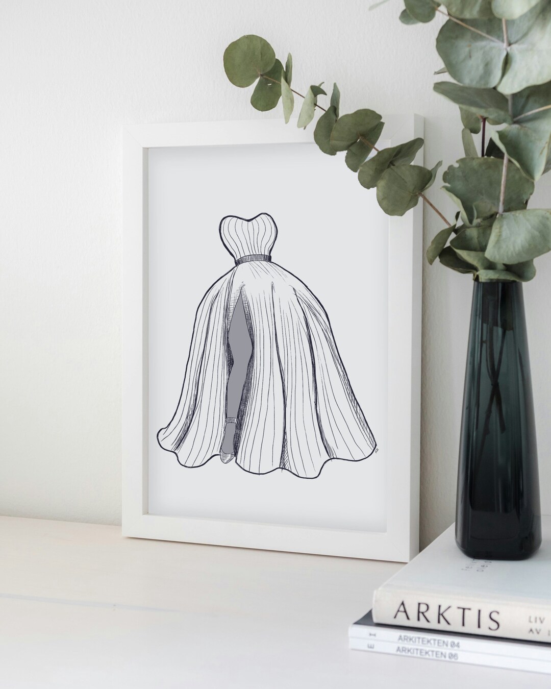 Elegant Gown Ink Drawing Line Art Print, Unframed Minimalist Fashion ...