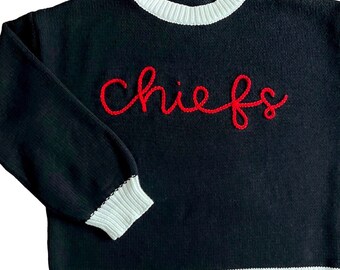 ADULT Hand Embroidered Chiefs Sweater-Black with White Trim