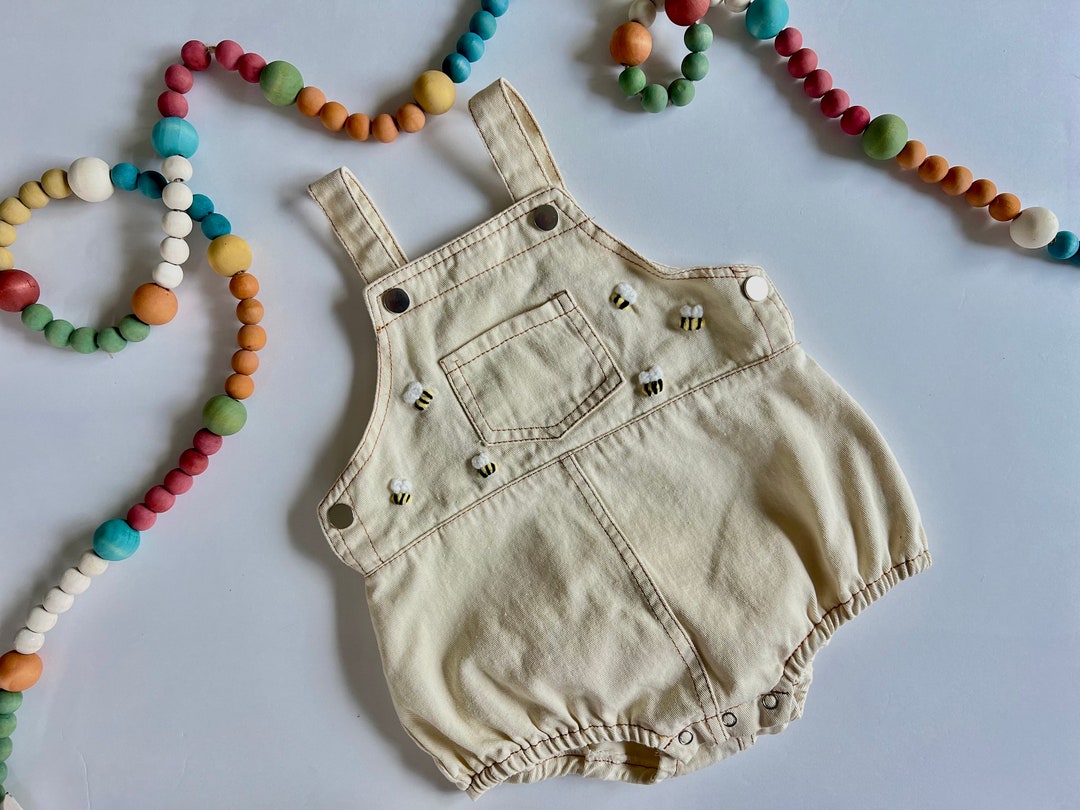 Hand Embroidered Bee Baby Overalls, Summer Baby Romper- Baby Shower ...