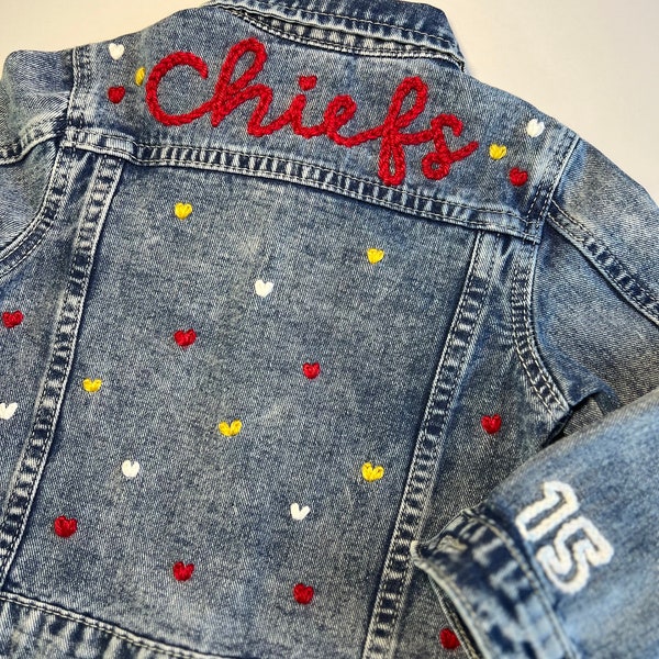 Hand Embroidered Chiefs Denim Jacket for Baby and Toddler - Hand Embroidered Denim Jacket - Baby Shower or Birthday Gift