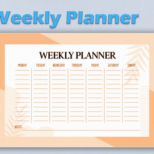 以下が含まれることがあります： 桃色の背景と白い内側の週間プランナー。プランナーは、月曜日から日曜日までの週の各日にセクションがあり、タスクを書き込むための行があります。プランナーには、メモ用のセクションもあります。