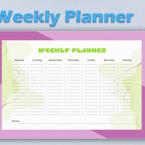 以下が含まれることがあります： ピンクとグリーンのカラーリングの週間プランナー。プランナーは、月曜日から日曜日までの週の各日にセクションがあり、タスクや予定を書くための行があります。プランナーには、メモ用のセクションもあります。