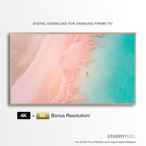 Puede incluir: Una vista aérea de una playa de arena rosa con agua turquesa. La imagen está enmarcada en un marco dorado e incluye el texto "4K + 8K Bonus Resolution!" y "STARRYPIXEL".