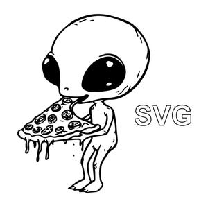 Cute Alien Eating Pizza SVG Cartoon Space Clipart Digital Download for Sticker UFO Tattoo Transparent Background Logo Design temporary