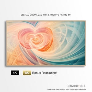 May include: Digital download for Samsung Frame TV. The artwork features a heart-shaped design in shades of orange, pink, and blue, with swirling patterns. The text reads "4K + 8K Bonus Resolution!" and "STARRYPIXEL".